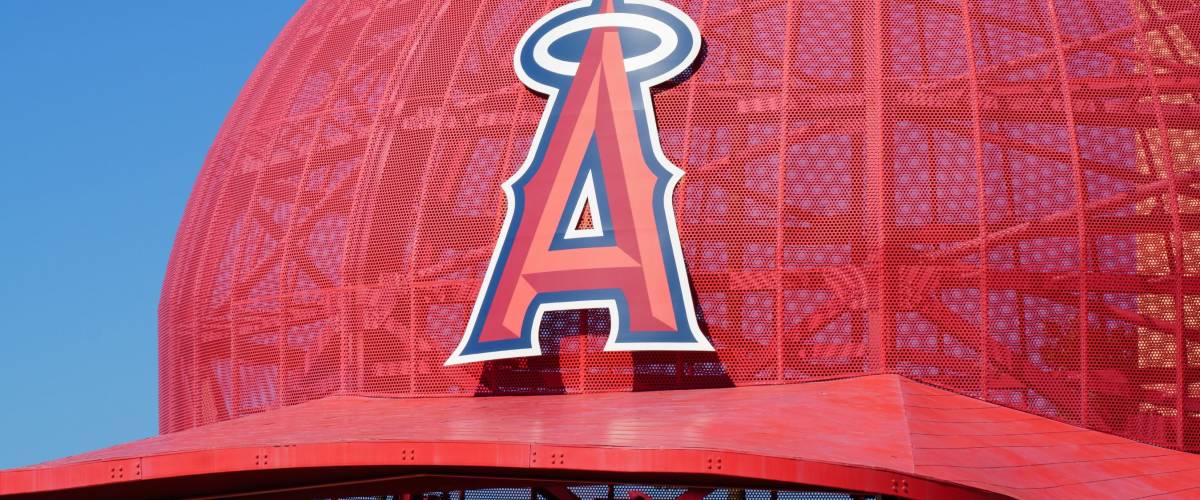 ANAHEIM, CA/USA - OCTOBER 10, 2015: Iconic oversized Angels baseball cap at the entrance to Angel Stadium, home of Major League Baseball's Los Angeles Angels.