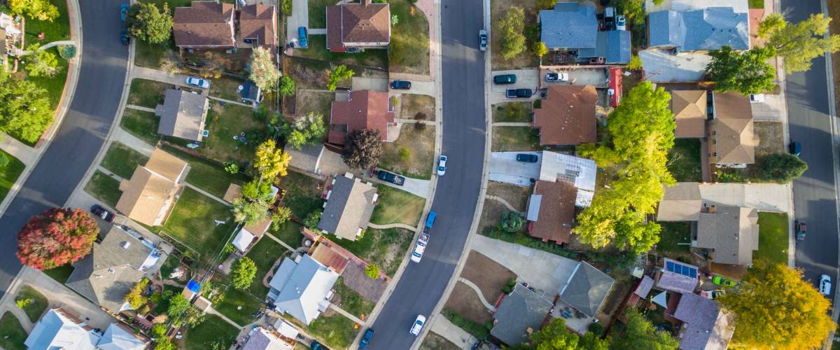 Aerial view of residential neighborhood in the Autumn.