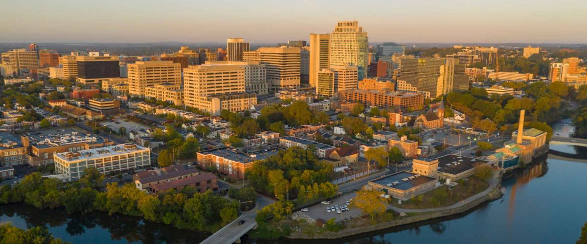 Saturated early morning light hits the buildings and architecture of downtown Wilmington Delaware