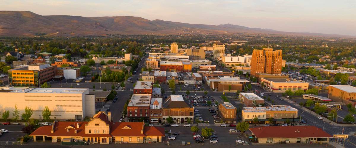 Beautiful light illuminated the downtown urban core city center of Yakima, WA