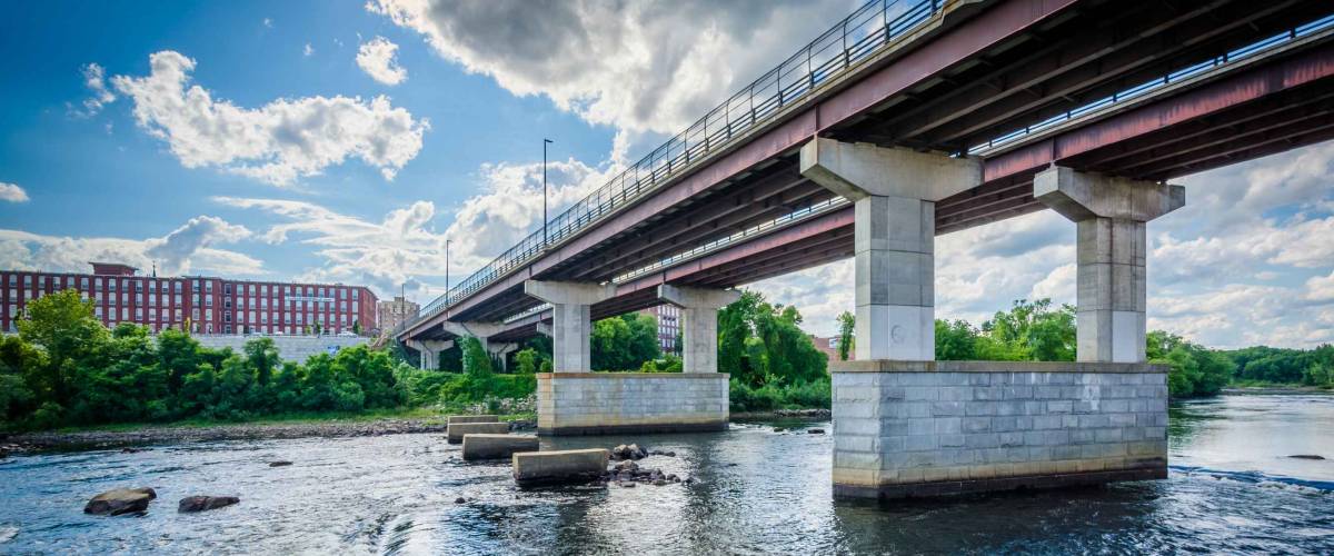 The Notre Dame Bridge over the Merrimack River, in Manchester, New Hampshire.