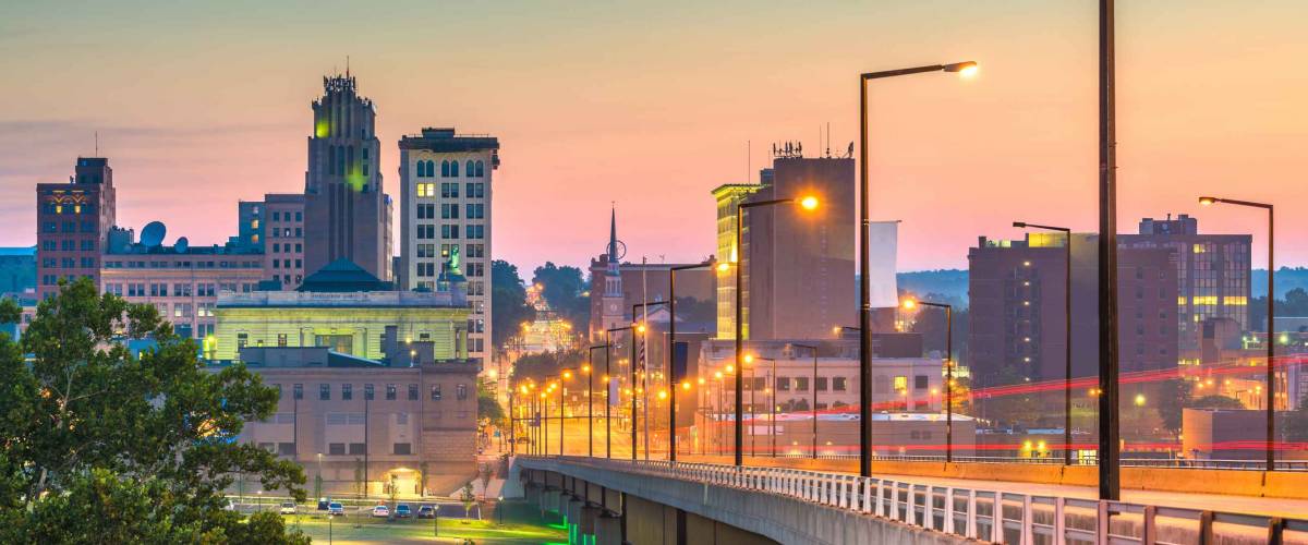 Youngstown, Ohio, USA downtown skyline at twilight.