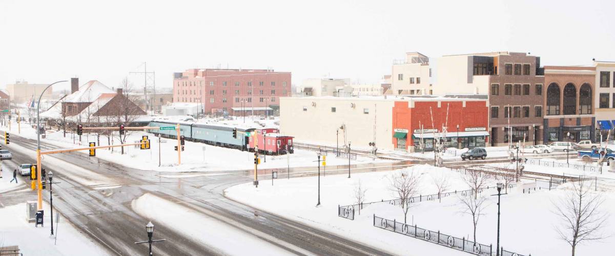 A snowstorm passes thru fargo, North dakota in winter.