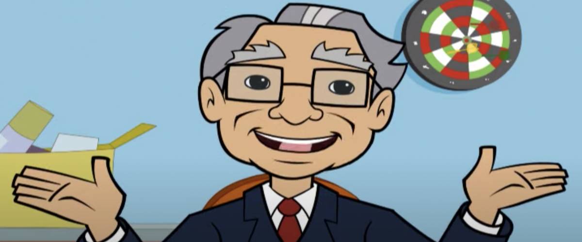 Animated image of Warren Buffett from his children's program, Secret Millionaires Club