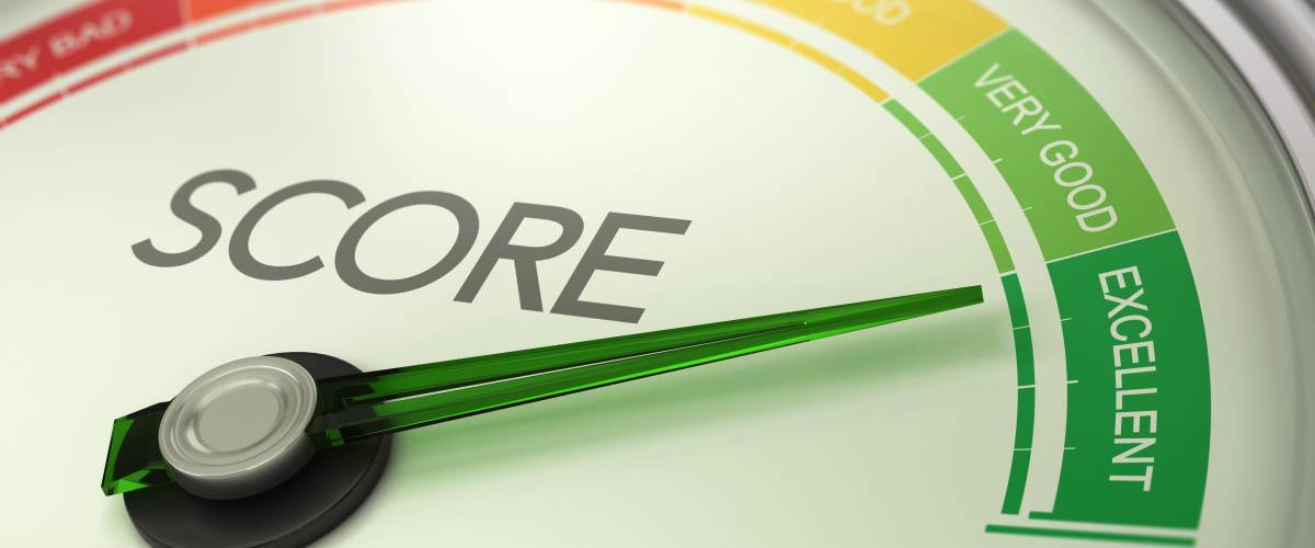 3D illustration of a conceptual gauge with needle pointing to excellent. Credit score concept.