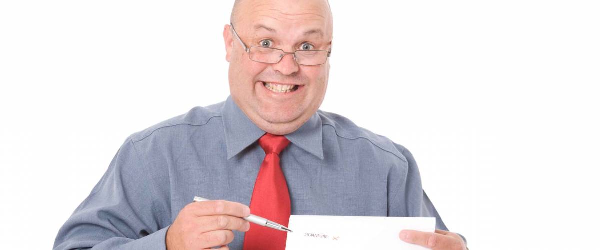 A shady looking salesman pushing for a signature.