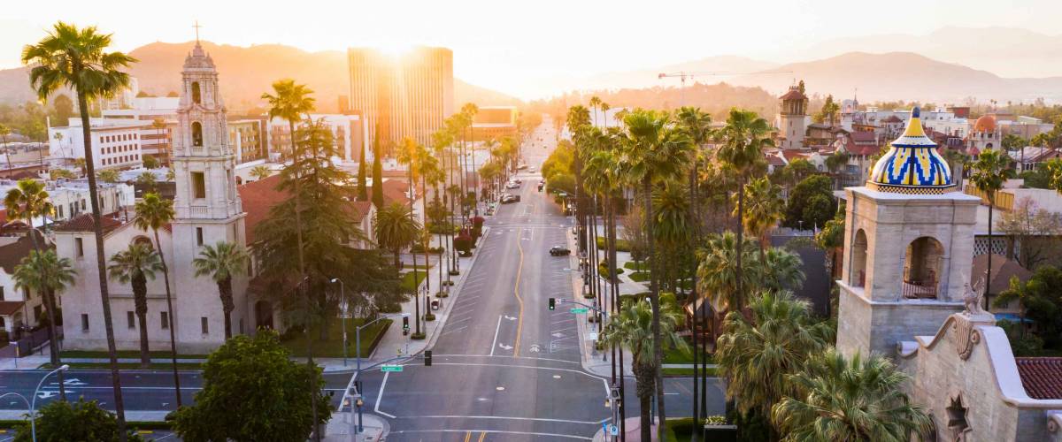 Sunset aerial view of historic downtown Riverside, California.