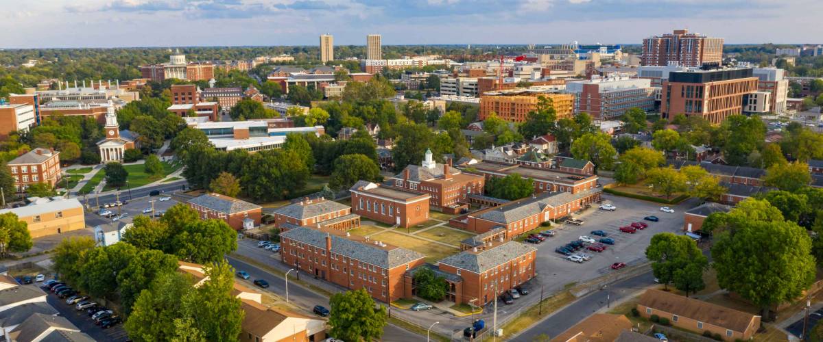 Aerial view university campus area looking into the city suberbs in Lexington KY