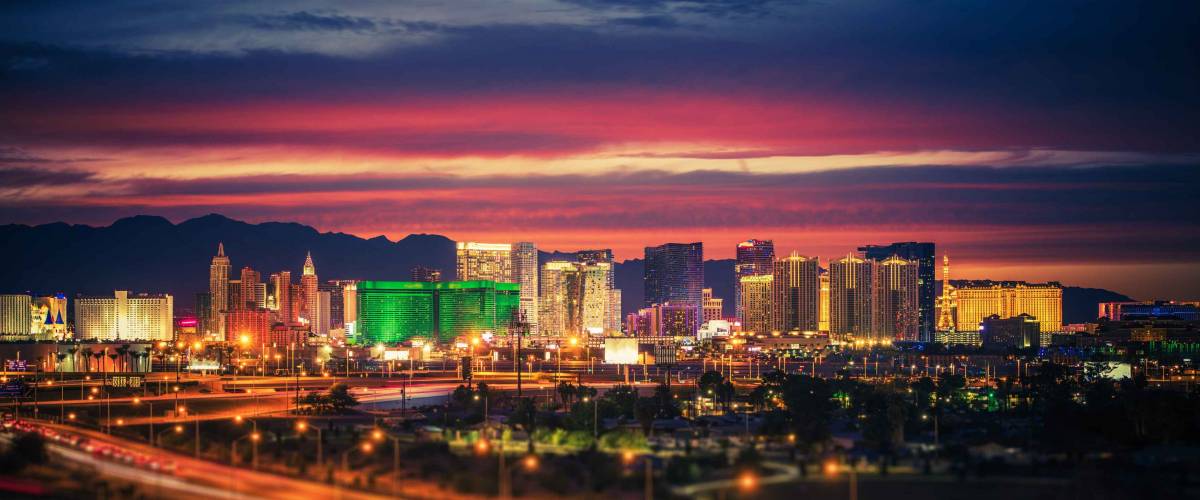 City of Las Vegas Skyline at Scenic Dusk. Colorful Lights of the World Famous Sin City. Nevada, United States.