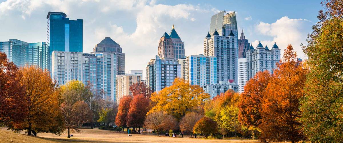 Atlanta, Georgia, USA midtown skyline from Piedmont Park in autumn.