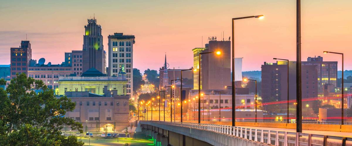 Youngstown, Ohio, USA downtown skyline at twilight.