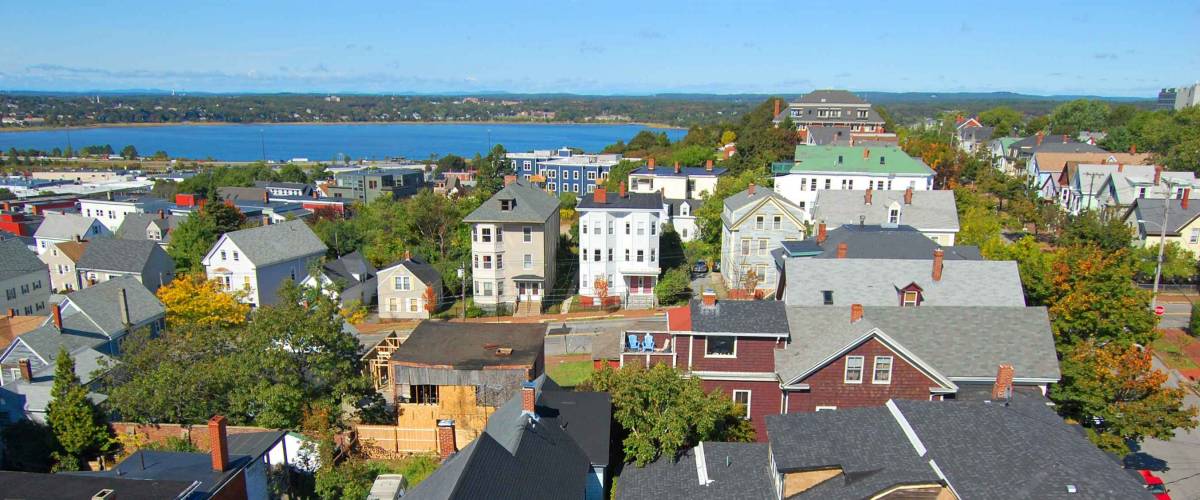 Portland City Skyline, from Portland Observatory on Munjoy Hill in Portland, Maine, USA.