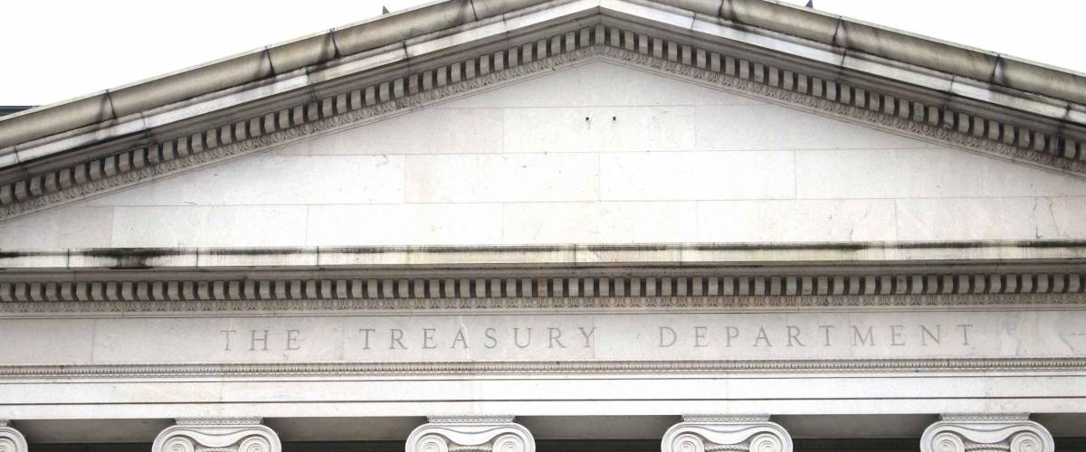 Washington, DC/USA March 8, 2019: U.S. Treasury Department building, north entrance (Pennsylvania Ave). Treasury is an executive department of the U.S. government.