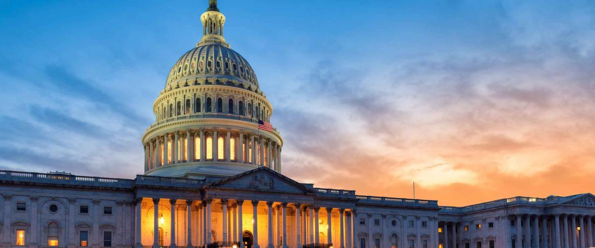 The United States Capitol building at sunset, Washington DC, USA.