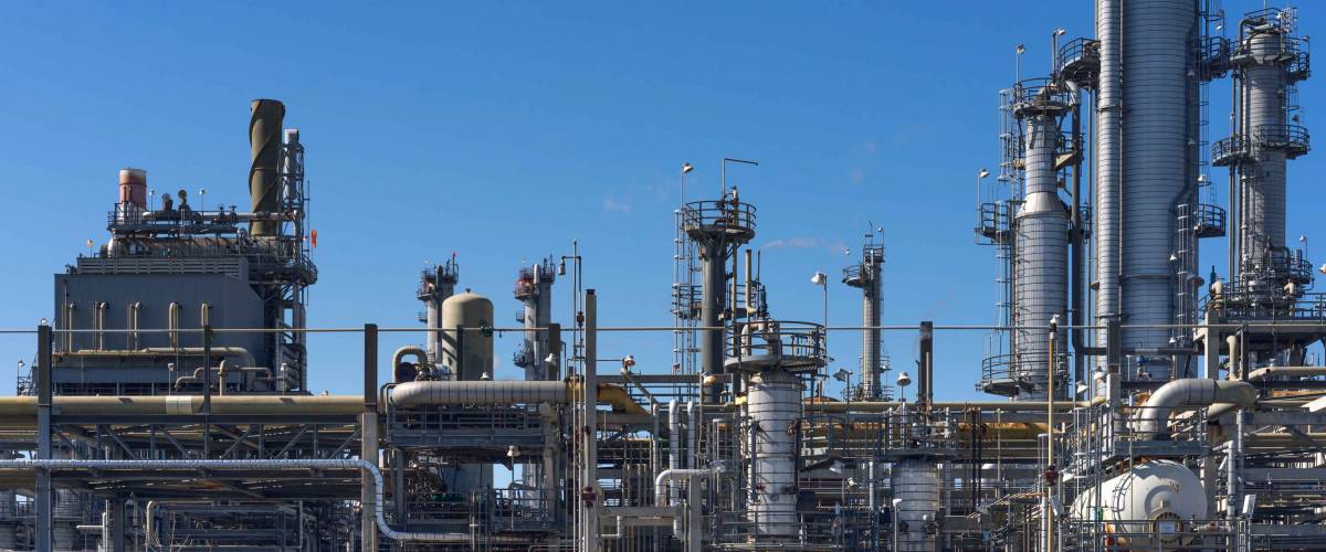 Oil Refinery and Smoke Stacks with Clear, Blue Sky - Los Angeles, California.