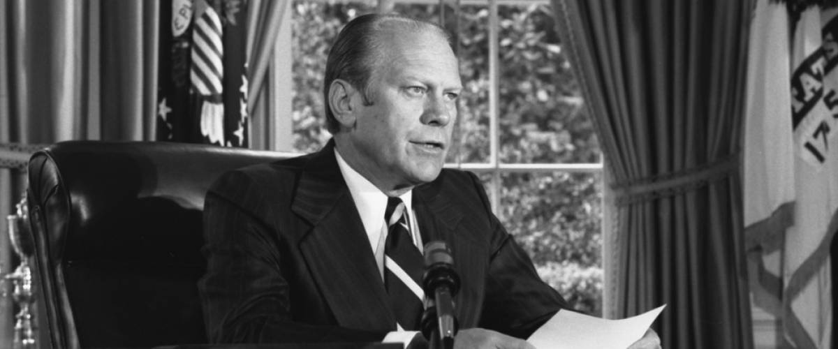 Photograph of President Gerald Ford Announcing His Decision to Grant a Pardon to Former President Richard Nixon