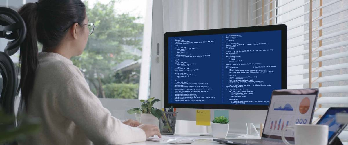 Young asian woman, freelance data scientist work remotely at home
