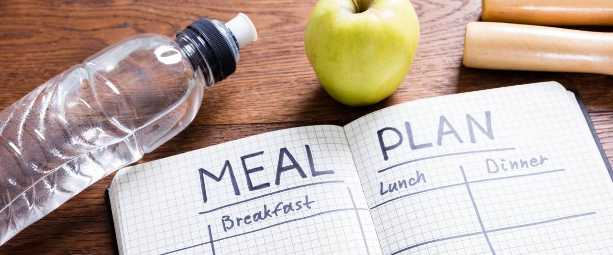High Angle View Of A Meal Plan Concept On Wooden Desk