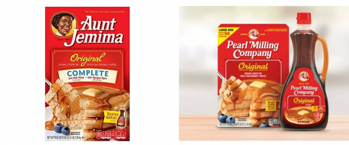 Aunt Jemima pancake mix and Pearl Milling Company pancake mix and maple syrup
