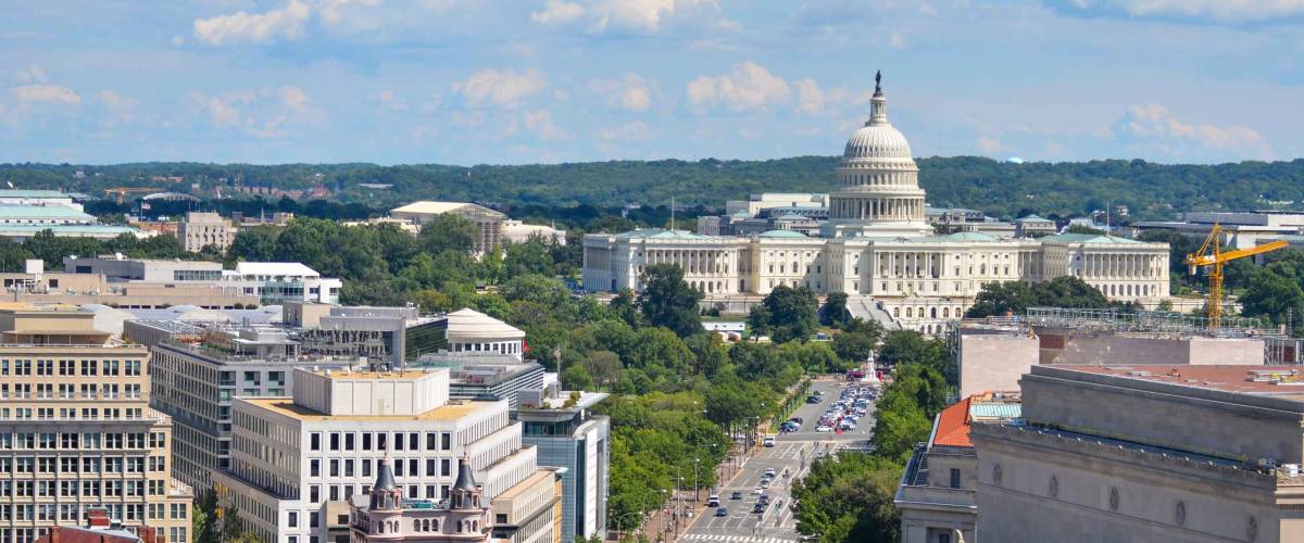 Washington DC - Aerial view of Pennsylvania street with federal buildings including US Archives building, Department of Justice and US Capitol