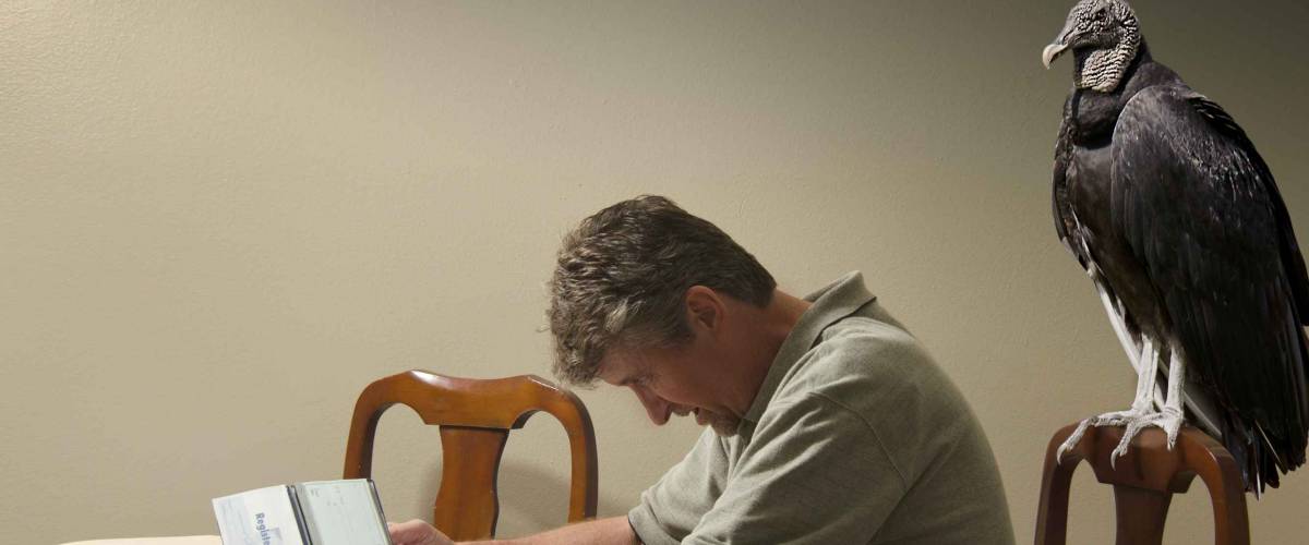 A man with a grimacing face is doing his budget with his checkbook and bills while a hungry looking vulture has settled in behind him representing impending doom and financial trouble.