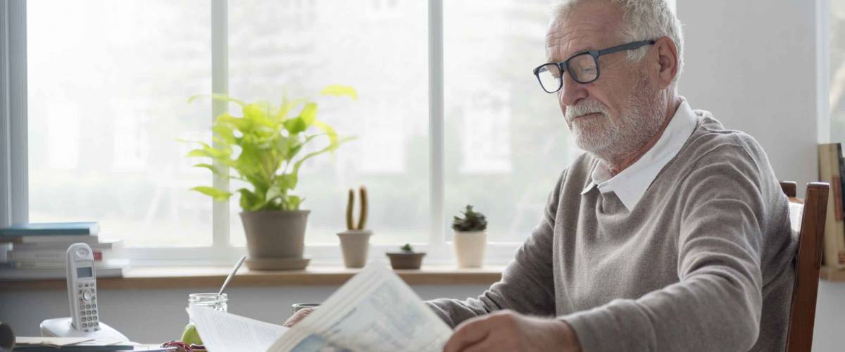 Older man sitting at kitchen table, reading newspaper