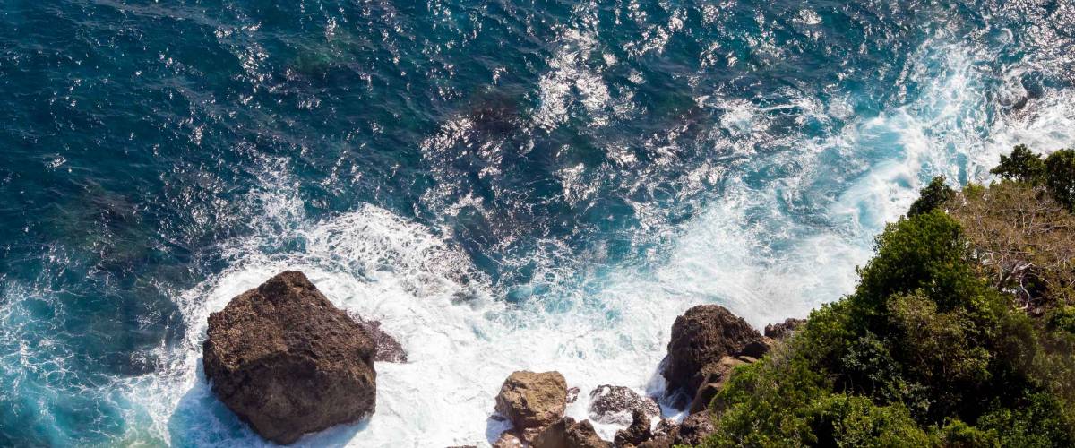 A look down from the Saren Cliff point to the surface of Indian Ocean and some part of the ground, Nusa Penida Island, Indonesia