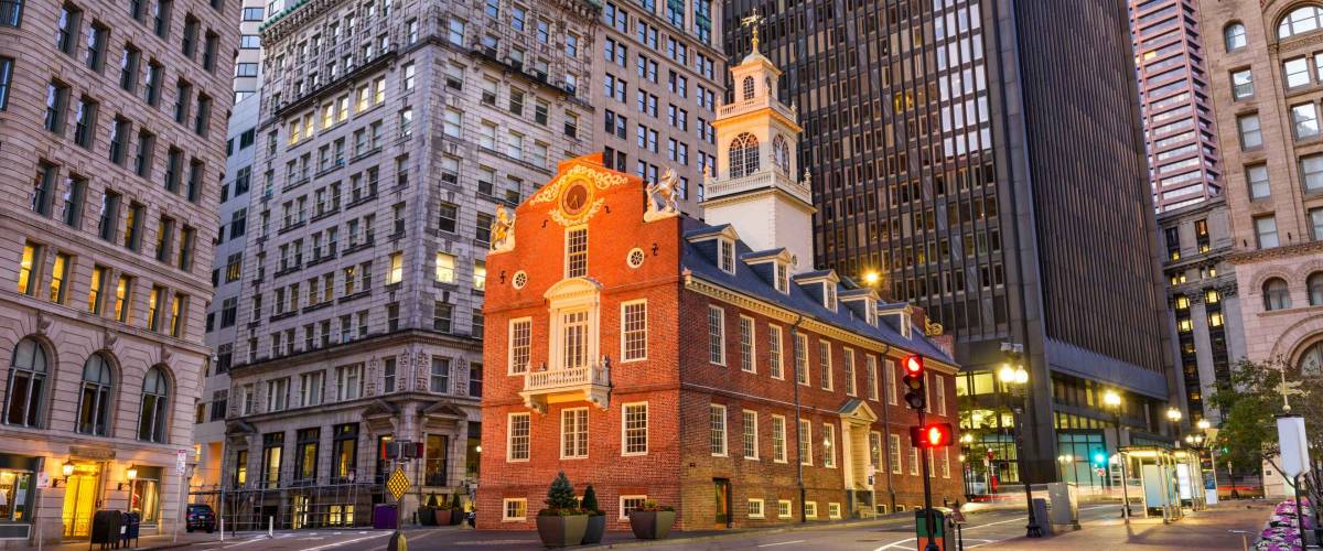 Boston, Massachusetts, USA cityscape at the Old State House.