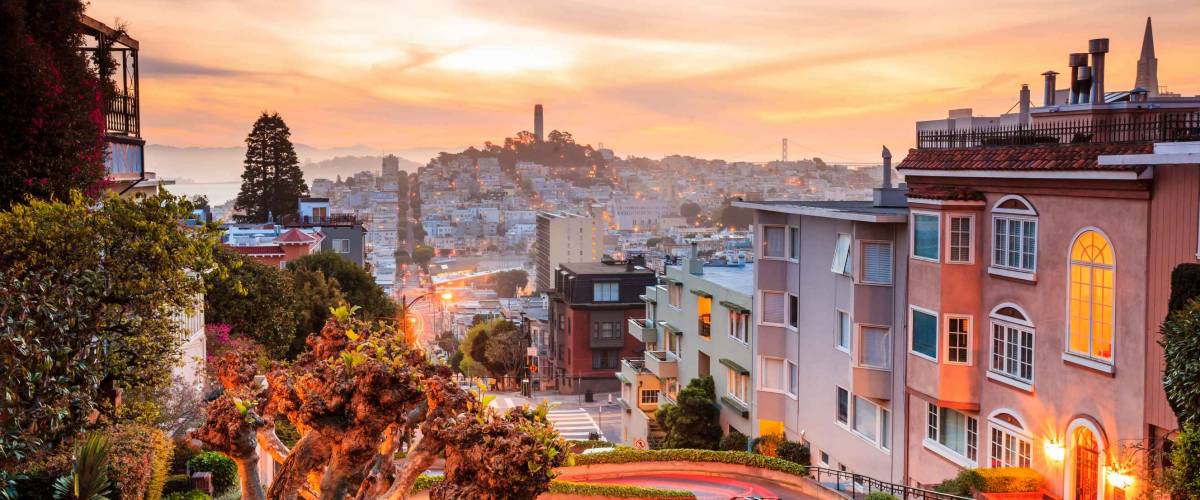 Famous Lombard Street in San Francisco at sunrise