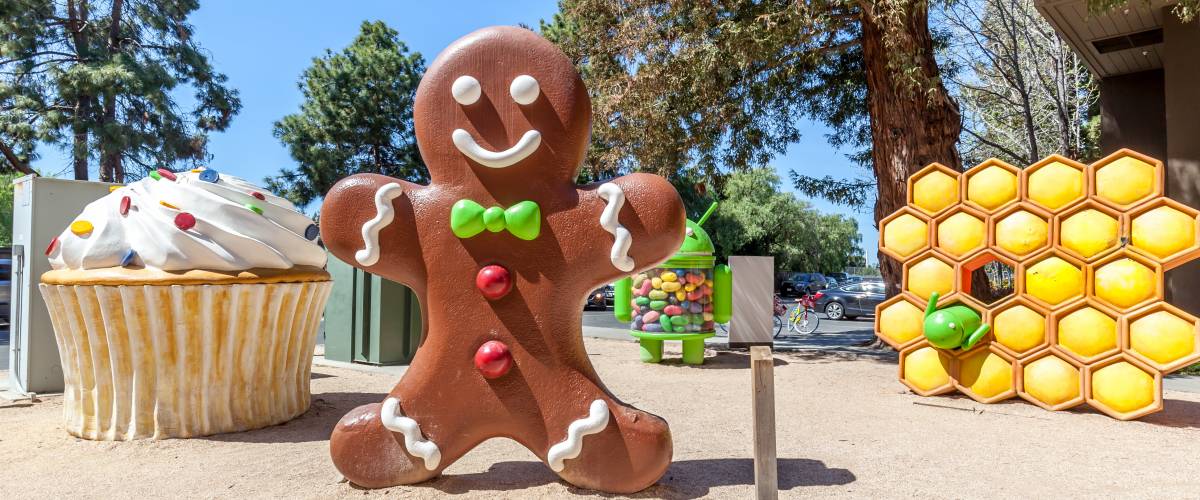 Mountain View, California, USA - March 28, 2018: Android Gingebread statue at Google Visitor Center Beta.