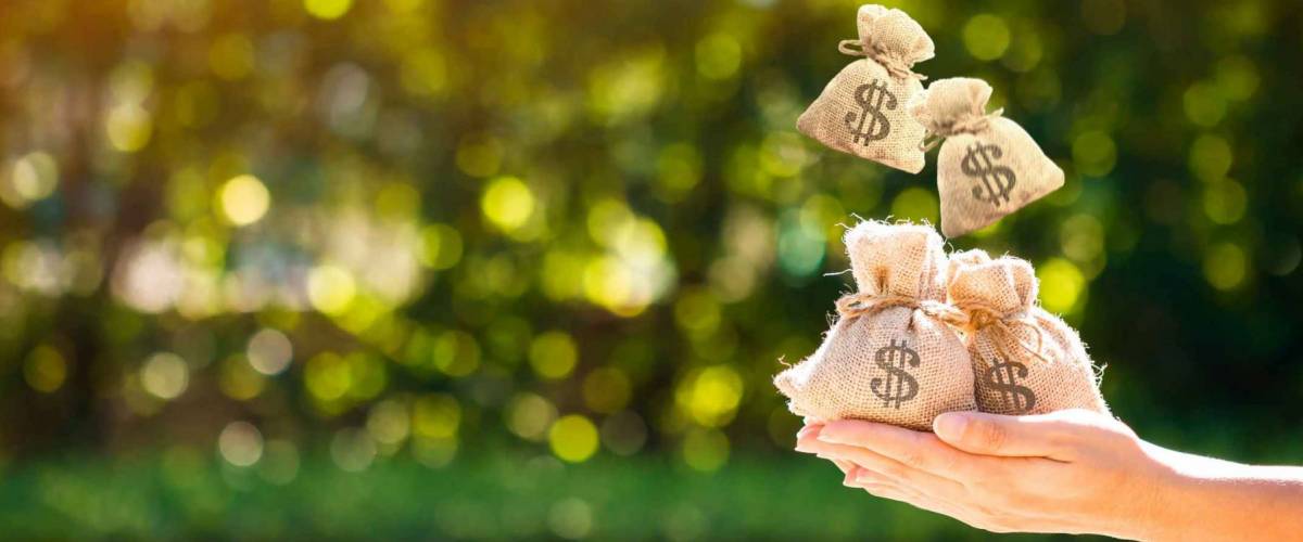 Women hands hold a money bags and dropping on the top in the public park for loans to planned investment in the future concept.