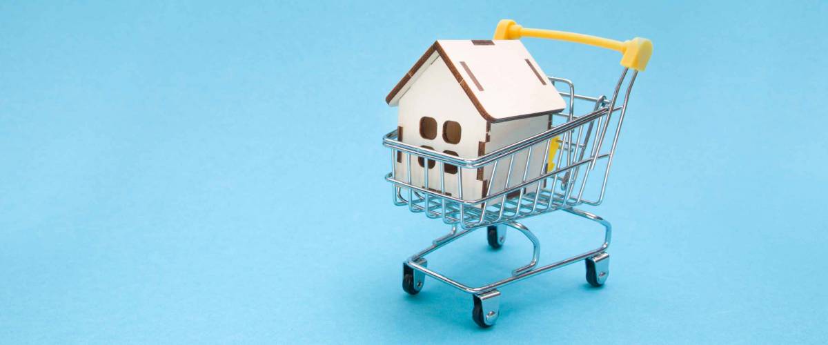 wooden small decorative house in a shopping trolley, light blue background, copy space, sale and purchase of real estate concept
