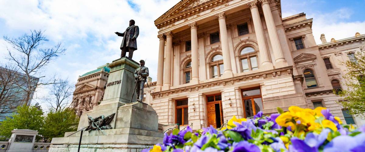 Morton statue in front of Indiana Statehouse, USA