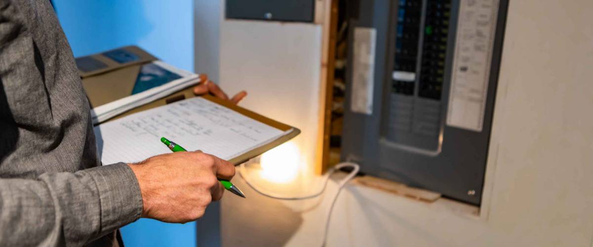 home Inspector in front of electric distribution board during inspection, selective focus and close up on man's hands as he holding notebook and pen