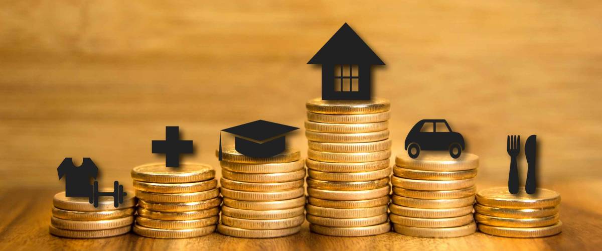 Personal expenses concept. Financial analysis background. Golden coins pile and icons. Photo and illustrations combined.