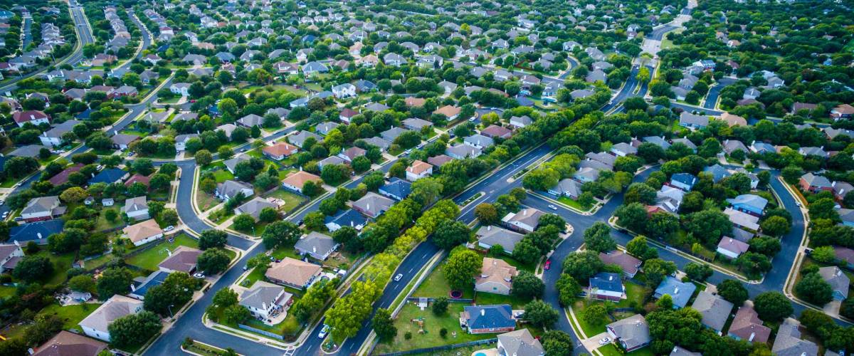 Thousands of houses aerial birds eye view suburb housing development new neighborhood in Austin , Texas , USA modern architecture and design