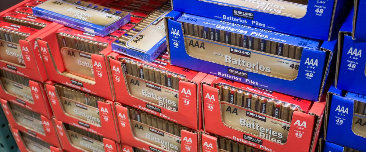 Stack of Kirkland-brand batteries.