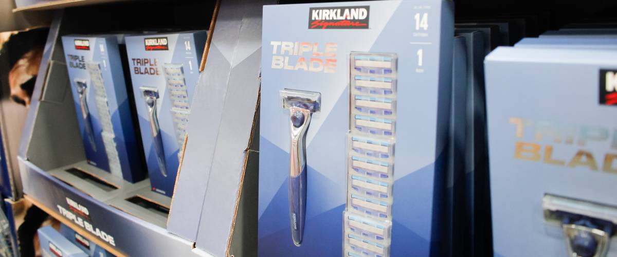 Close up of Kirkland-brand disposable razors.