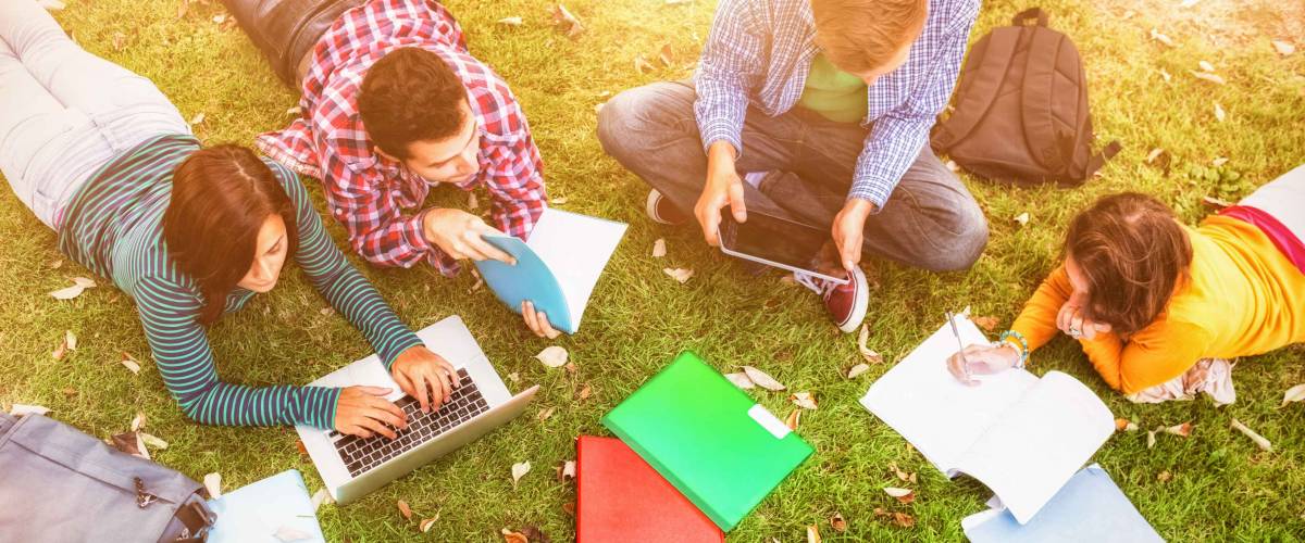 College students using laptop while doing homework at park, seen from above.