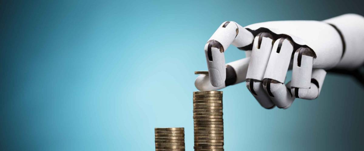 Close-up Of A Robot's Hand Stacking Golden Coins On Turquoise Background