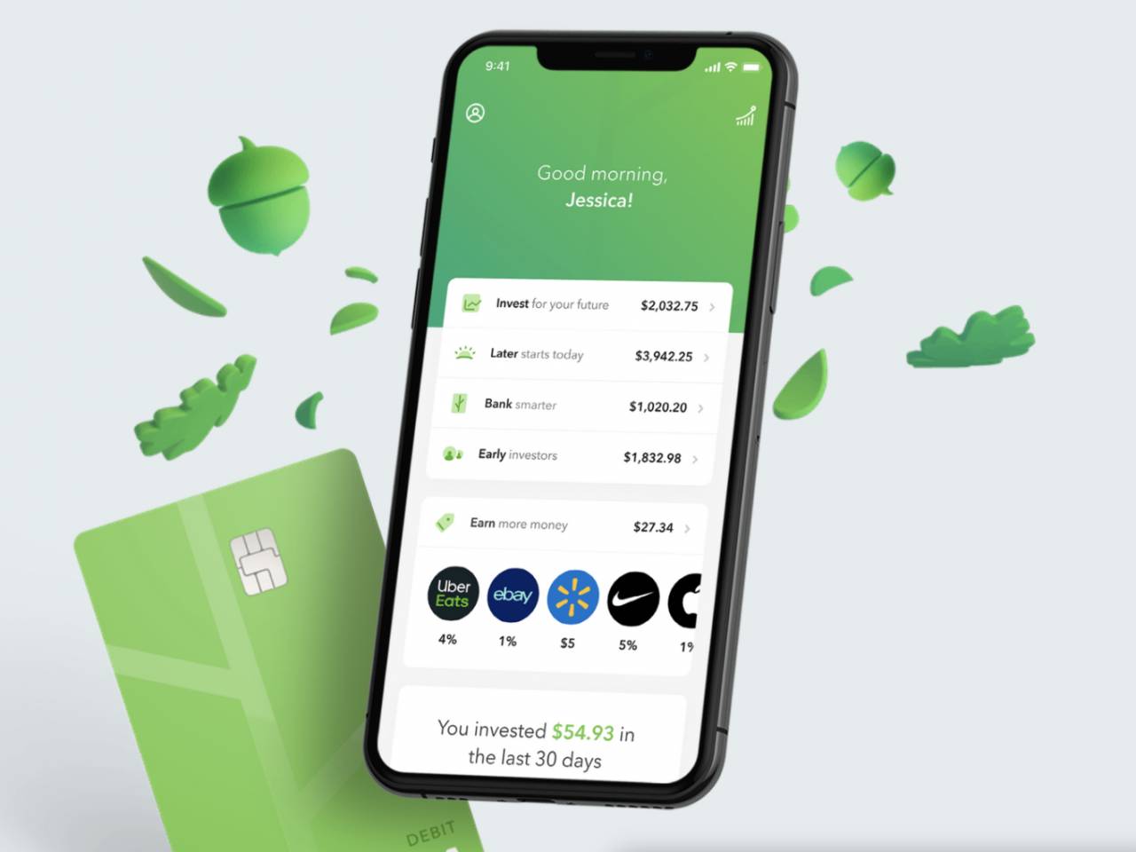 Concept of Acorns app and Acorns debit card.