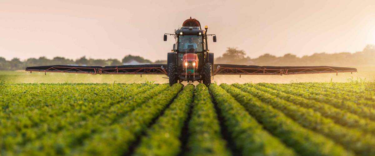 Tractor spraying pesticides on soybean field with sprayer at spring