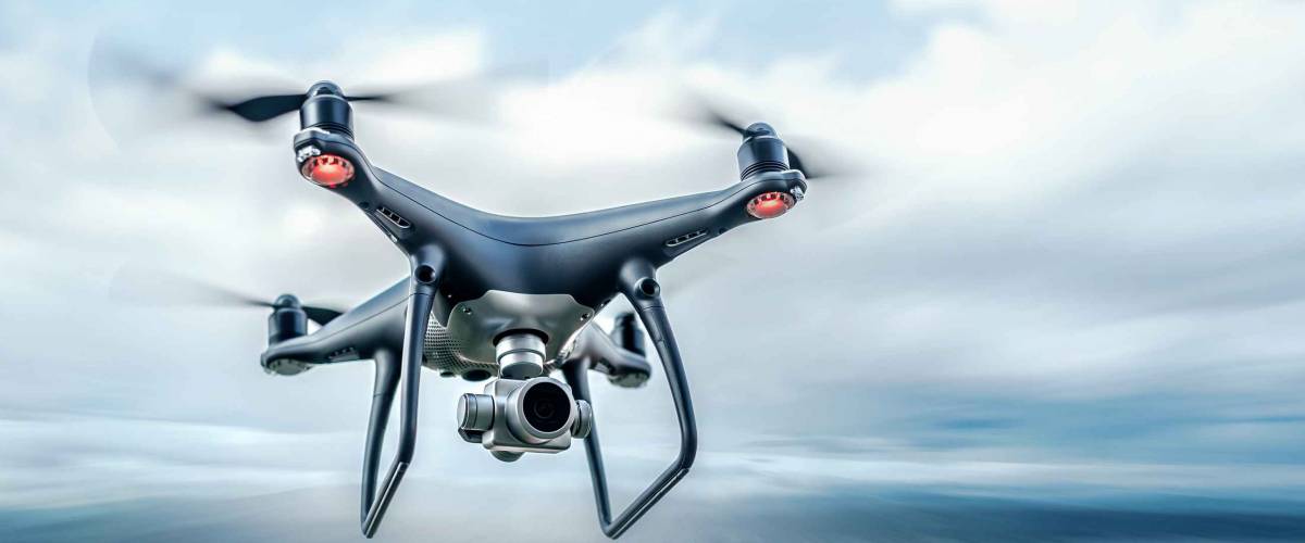 Dark drone in flight over the city.