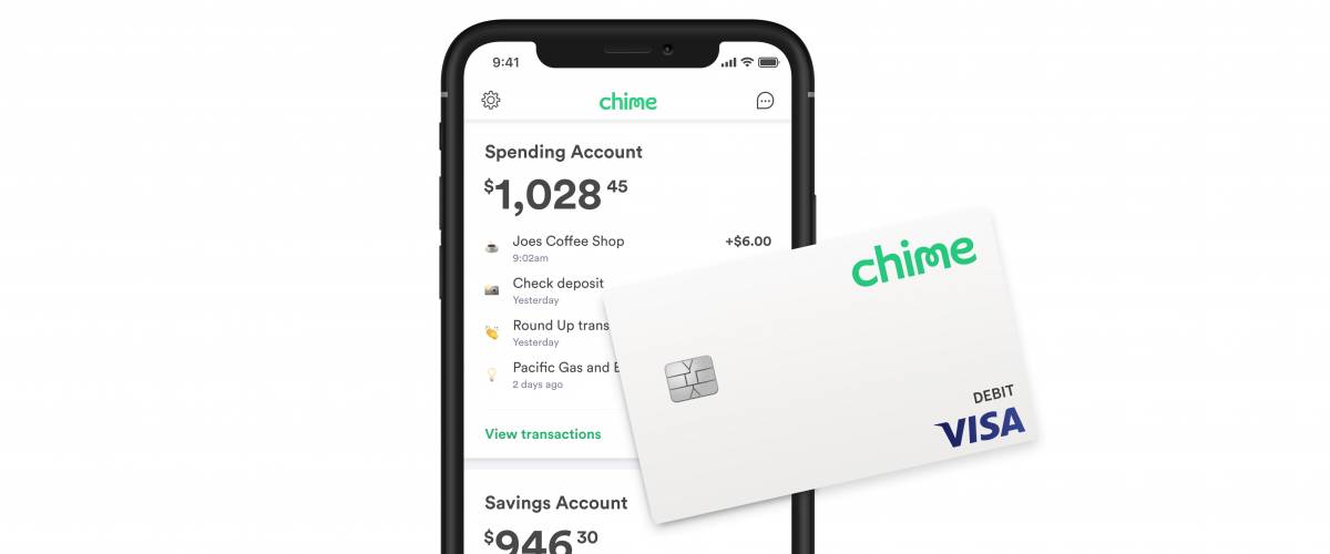 iPhone with Chime app open and Chime debit card on top.