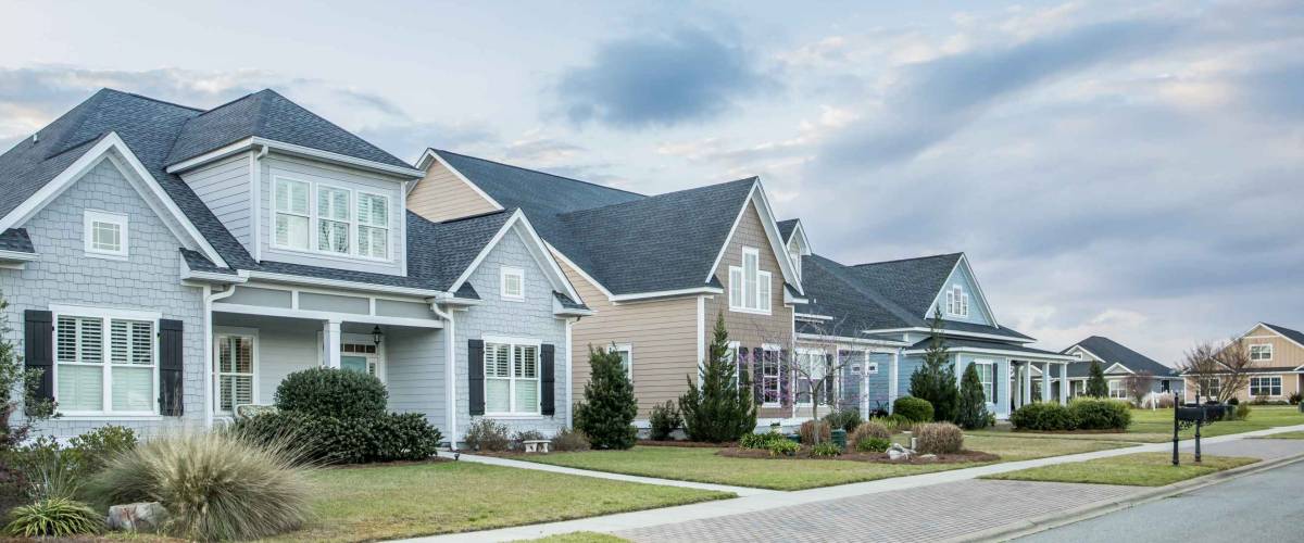 A street view of a new construction neighborhood with larger landscaped homes and houses with yards and sidewalks taken near sunset with copy space