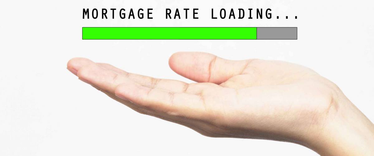 Mortgage Rate loading progress bar with hand, isolated on white background. Business style concept
