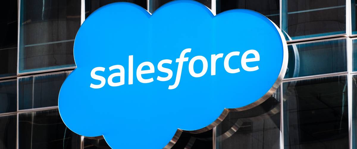 Close up of Salesforce logo displayed on one of their towers in downtown San Francisco