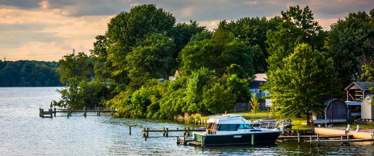 Boats and docks along the Back River in Essex, Maryland.