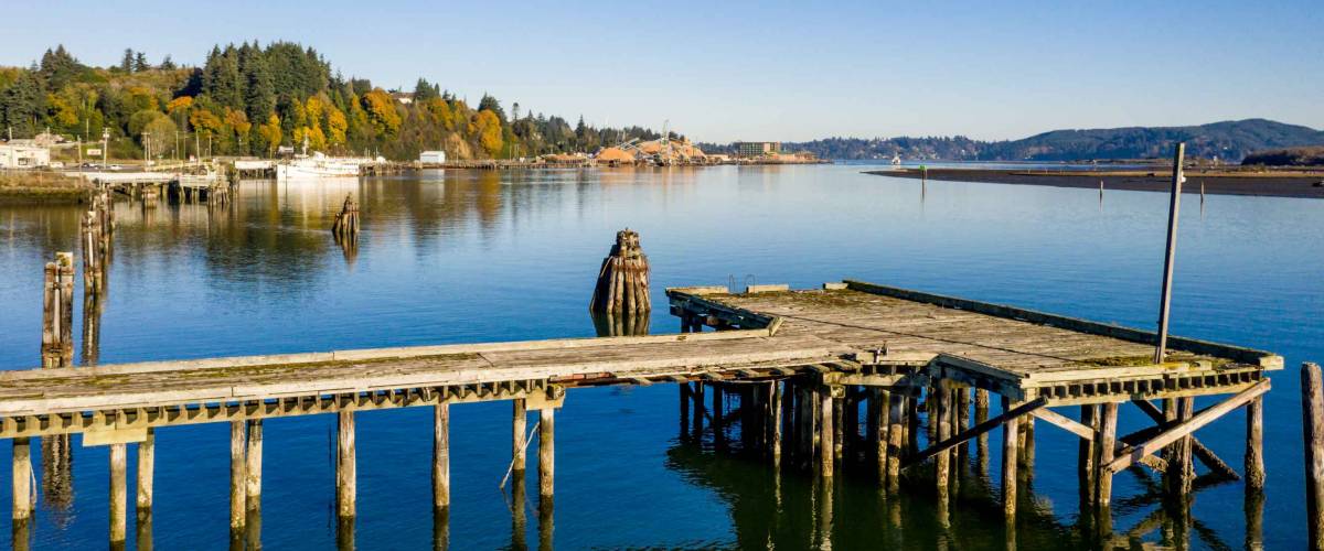 Old wooden wharf structure in Coos Bay, Oregon