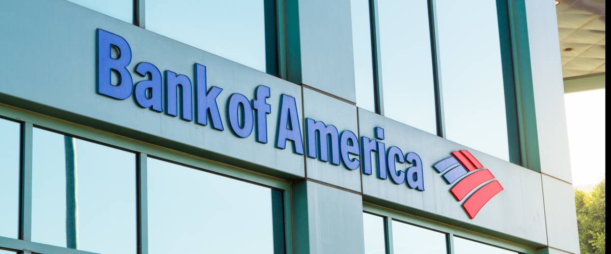 The logo of Bank of America in modern office building in Beverly Hills.